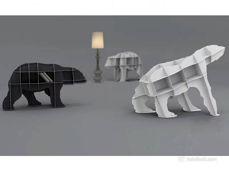 Creative Bear Shaped Bookcases In Black And White With Table Lamp 3d model 