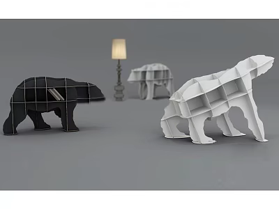 Creative Bear Shaped Bookcases In Black And White With Table Lamp 3d model