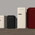 Smeg Retro Refrigerators in White Black and Red on Wooden Floor with White Wall