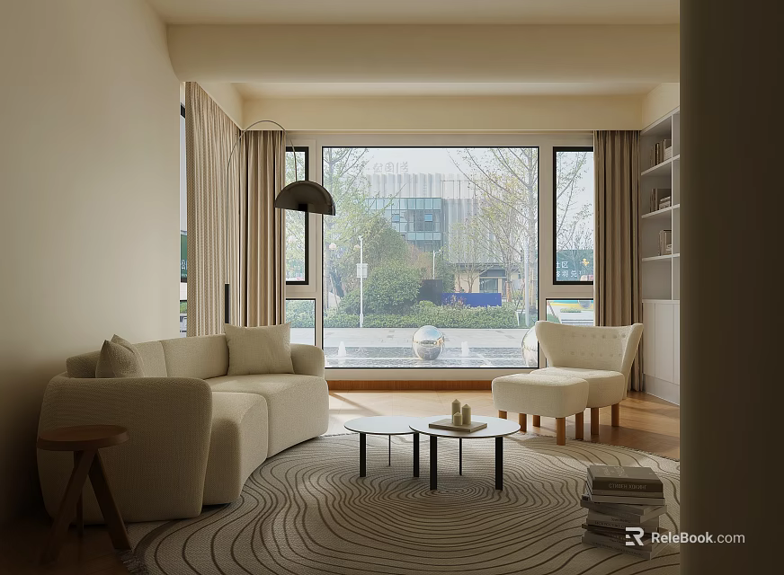 Modern Living Room Interior With Large Windows Sofa Coffee Table And Patterned Rug 3d model