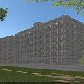 Multi Story Gray Building With Green Lawn Trees And Symmetrical Windows Design
