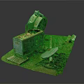 Weathered Blue Truck Model Scene With Satellite Dish Wooden Planks Ropes And Moss