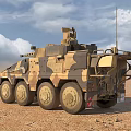 Armored Wheeled Military Tank With Camouflage Paint And Turret Cannon In Desert