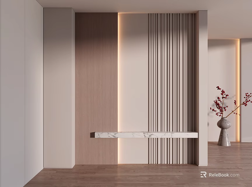 Modern Foyer Hallway Design With Wooden Panel Wall Marble Console Table And Decorative Vase 3d model 