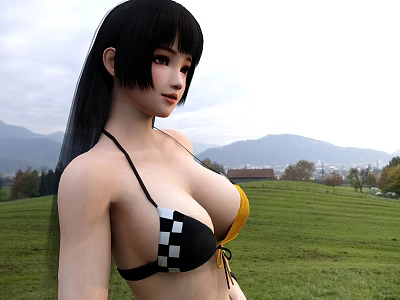 Woman In Black And White Checkered Bikini Standing On Green Grass With Mountains And Sky 3d model