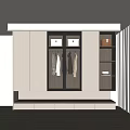 Modern Wardrobe Interior With Glass Doors Hanging Clothes Open Shelves And Bottom Drawers