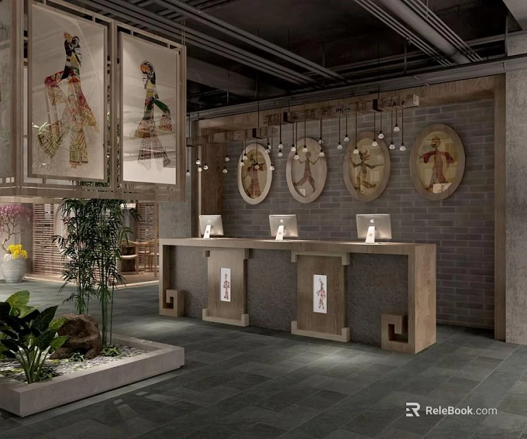 Chinese Style Hotel Lobby With Wooden Reception Counter Circular Decorations And Green Plants 3d model 