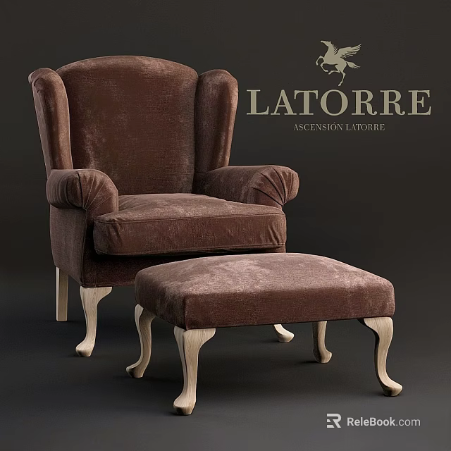 Elegant Brown Velvet Leisure Chair with Matching Ottoman and Wooden Legs 3d model 