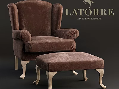 Elegant Brown Velvet Leisure Chair with Matching Ottoman and Wooden Legs 3d model