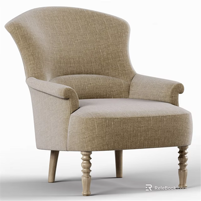 Light Brown Fabric Leisure Chair With Wide Backrest Curved Armrests And Wooden Carved Legs 3d model 