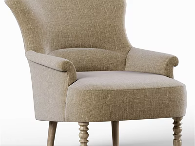 Light Brown Fabric Leisure Chair With Wide Backrest Curved Armrests And Wooden Carved Legs 3d model