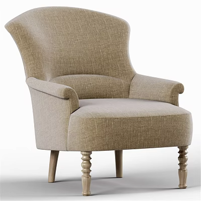 Light Brown Fabric Leisure Chair With Wide Backrest Curved Armrests And Wooden Carved Legs 3d model