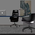 Black and White Modern Office Chair with Glass Desk Laptop Table Lamp and Wall Art