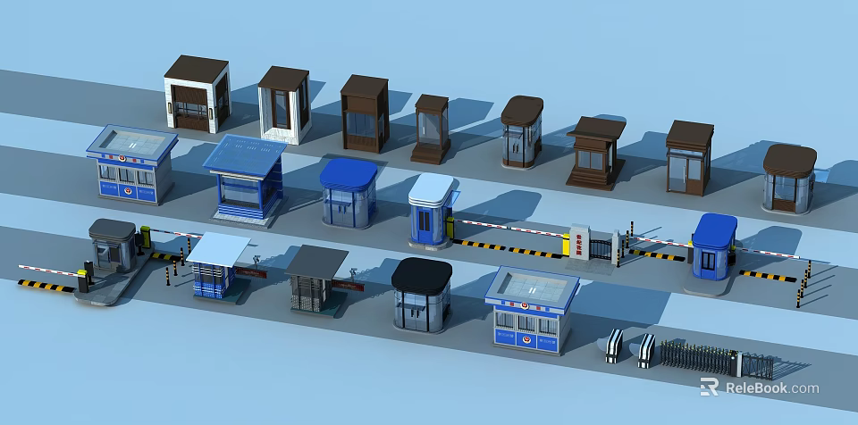 Various Styles of Security Booths and Gate Barriers in Different Designs 3d model 
