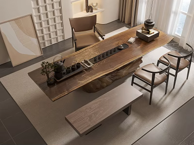 Natural Wooden Tea Table And Chairs With Tea Set Soft Rug And Sunlit Window 3d model