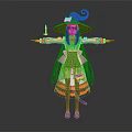 Halloween Witch Character With Black Cat Long Black Hair And Pumpkin Pattern Dress