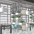 Modern Restaurant Interior With White Pendant Lights Dining Tables Blue Chairs And Green Plants