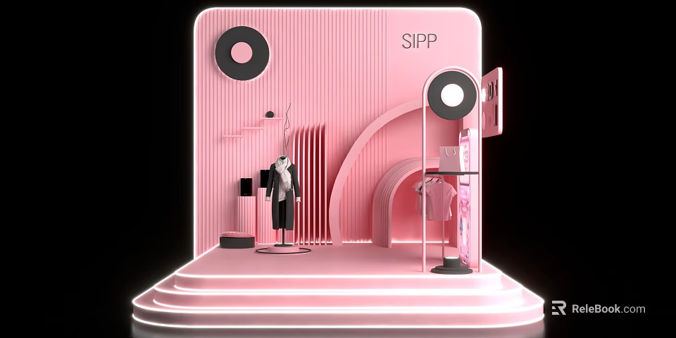 Elegant Pink SIPP Retail Display Space Featuring Clothing Racks And Lighting 3d model 