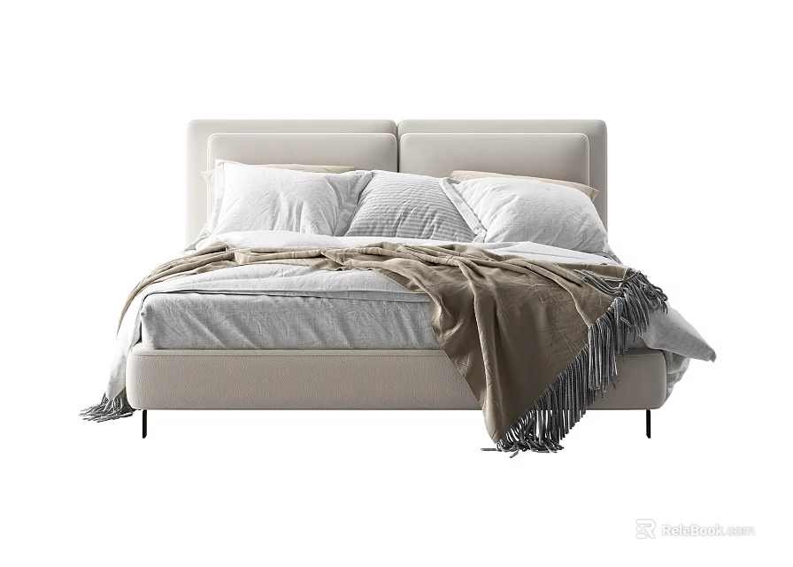 Double Bed With Upholstered Headboard Plush Pillows Modern Design And Cozy Fringed Blanket 3d model 