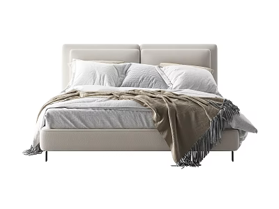 Double Bed With Upholstered Headboard Plush Pillows Modern Design And Cozy Fringed Blanket 3d model