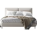 Double Bed With Upholstered Headboard Plush Pillows Modern Design And Cozy Fringed Blanket