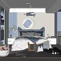 Cozy Blue Kids Room Interior With Airplane Model Round Mirror Bed Pillows Rug And Storage