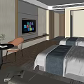 Modern Hotel Guest Room With Two Beds Blue White Bedding TV Round Table And Plant