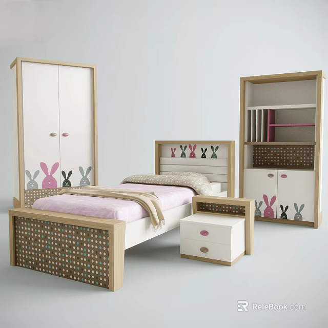 Single Bed with Bunny Pattern Headboard Wooden White Wardrobe Bookshelf and Nightstand Pink Accents 3d model 