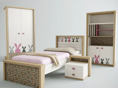 Single Bed with Bunny Pattern Headboard Wooden White Wardrobe Bookshelf and Nightstand Pink Accents 3d model