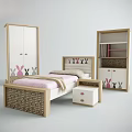 Single Bed with Bunny Pattern Headboard Wooden White Wardrobe Bookshelf and Nightstand Pink Accents