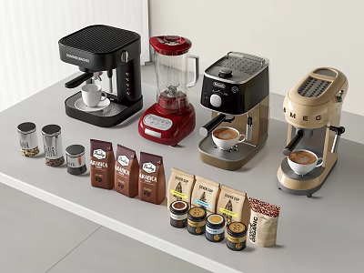 Kitchen Appliances Coffee Makers Blenders on Countertop with Coffee Beans Jars 3d model