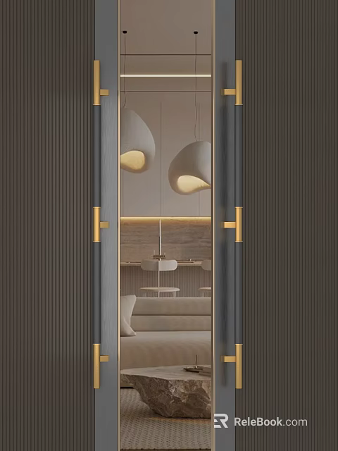 Golden Modern Door Handle On Wooden Door In Elegant Interior Design 3d model 
