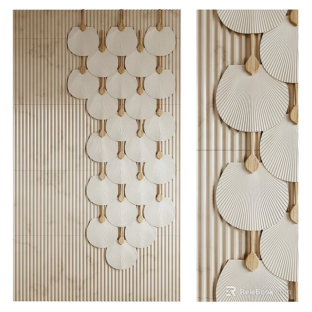 Stylish Fan Shaped Wall Decor With Striped Background And Wooden Accents 3d model 