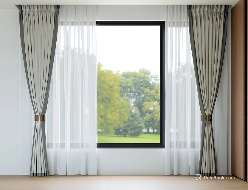 Gray and White Window Curtains with Sheer Panels and Tiebacks by Green Trees View 3d model 