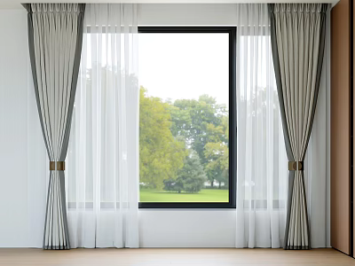Gray and White Window Curtains with Sheer Panels and Tiebacks by Green Trees View 3d model
