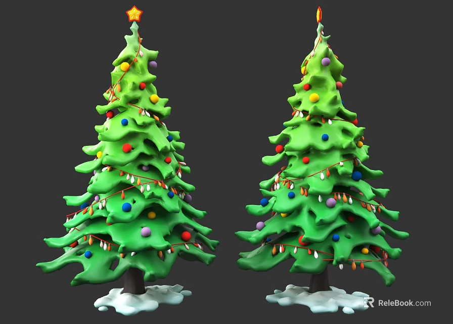 Decorated Christmas Trees With Colorful Balls Star Candle And Snow Base 3d model 