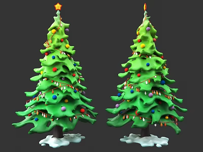 Decorated Christmas Trees With Colorful Balls Star Candle And Snow Base 3d model