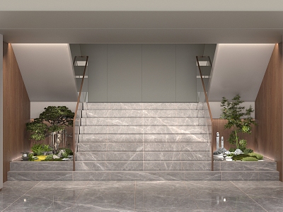 Construction company entrance stairwell green plant landscaping atmosphere sense of high level 3d model