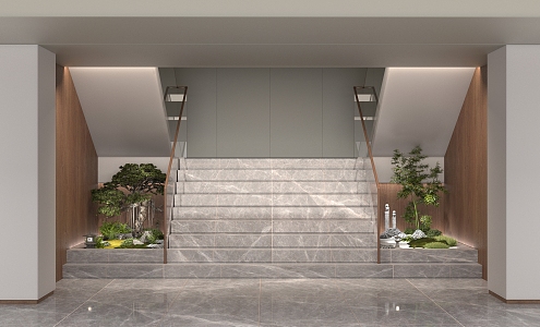 Construction company entrance stairwell green plant landscaping atmosphere sense of high level 3d model