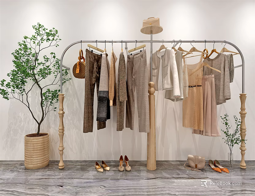 Stylish Metal Frame Clothes Rack With Hanging Clothes Shoes Hat And Decorative Green Plant 3d model 