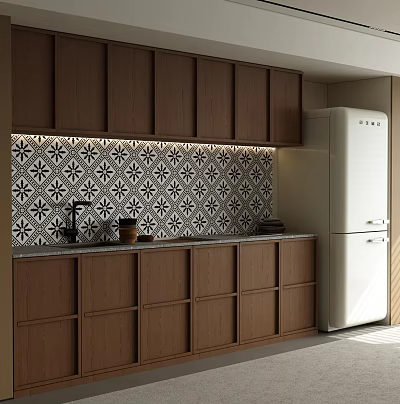 Dark Brown Wooden Kitchen Cabinets With Black And White Patterned Backsplash And White Refrigerator 3d model
