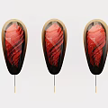 Three Oval Shaped Wall Decor Pieces With Red Spiral Patterns And Metal Rods 3d model