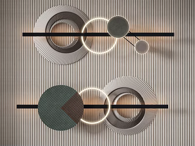 Modern Wall Decor Featuring Circular Geometric Designs Striped Patterns And Metal Bars 3d model