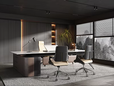 Modern Office Interior With Spacious Desk Ergonomic Chairs And Large Windows 3d model