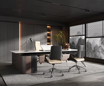 Modern Office Interior With Spacious Desk Ergonomic Chairs And Large Windows 3d model