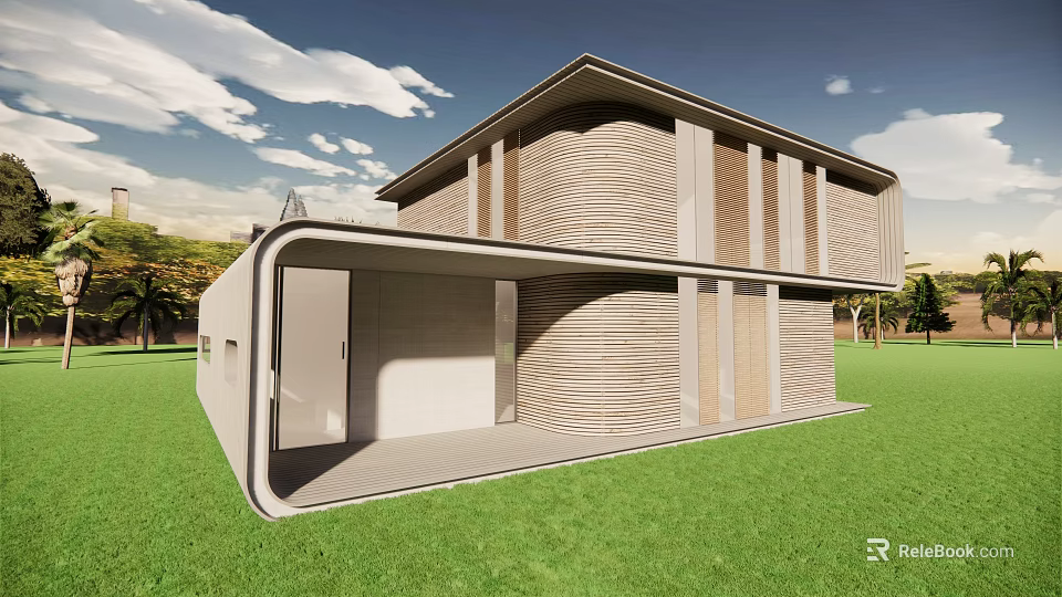 Modern Single Family House With Wavy Exterior Large Glass Windows Open Porch And Green Lawn 3d model 