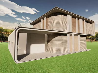Modern Single Family House With Wavy Exterior Large Glass Windows Open Porch And Green Lawn 3d model