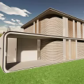 Modern Single Family House With Wavy Exterior Large Glass Windows Open Porch And Green Lawn