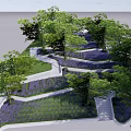 Serene Garden Landscape With Lawn Steps Deer Sculptures Flowering Trees And Purple Flowers