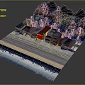 3D Cartoon Scene Model With Road Buildings Trees And Water Area